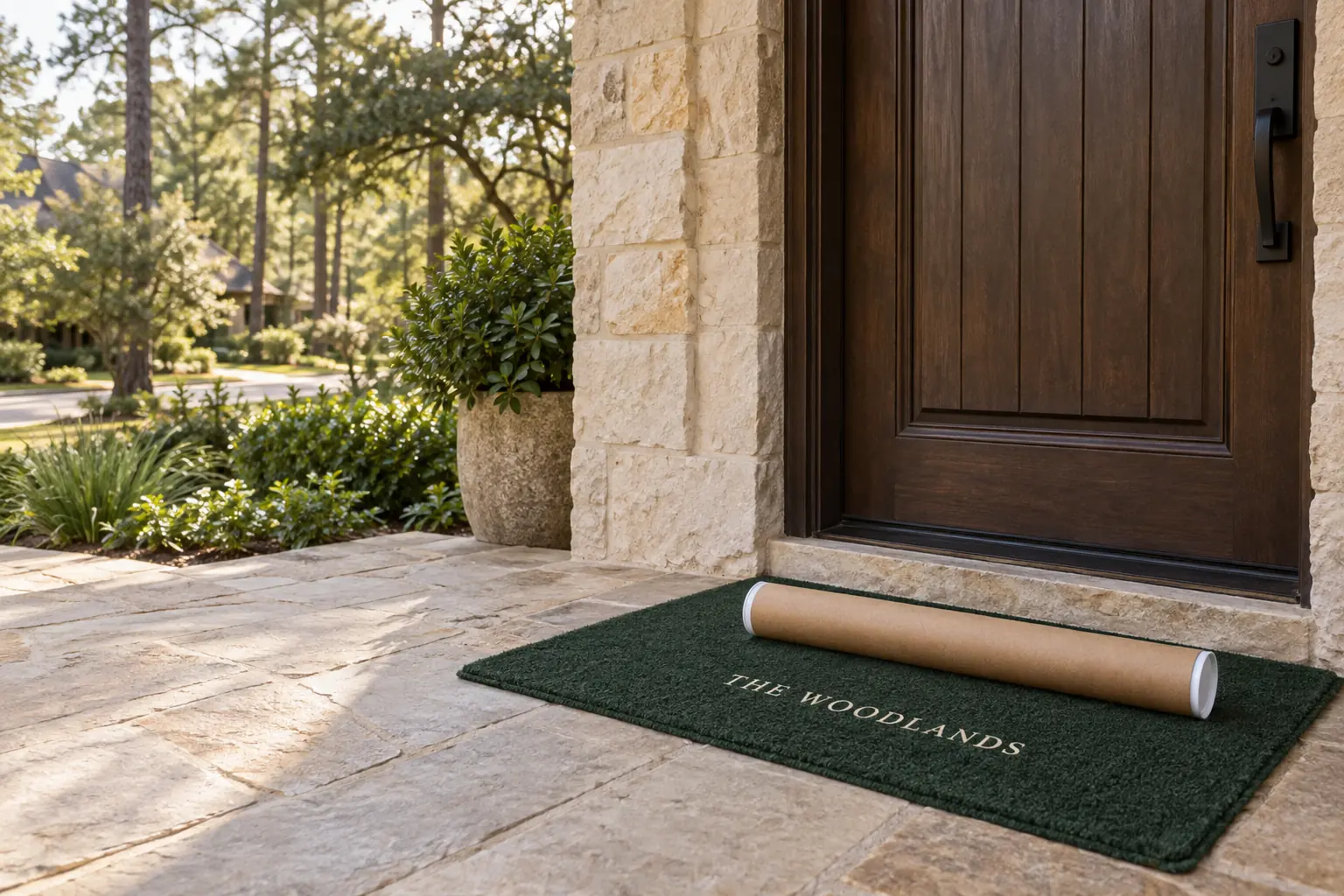 A protected poster tube delivered to a doorstep in The Woodlands
